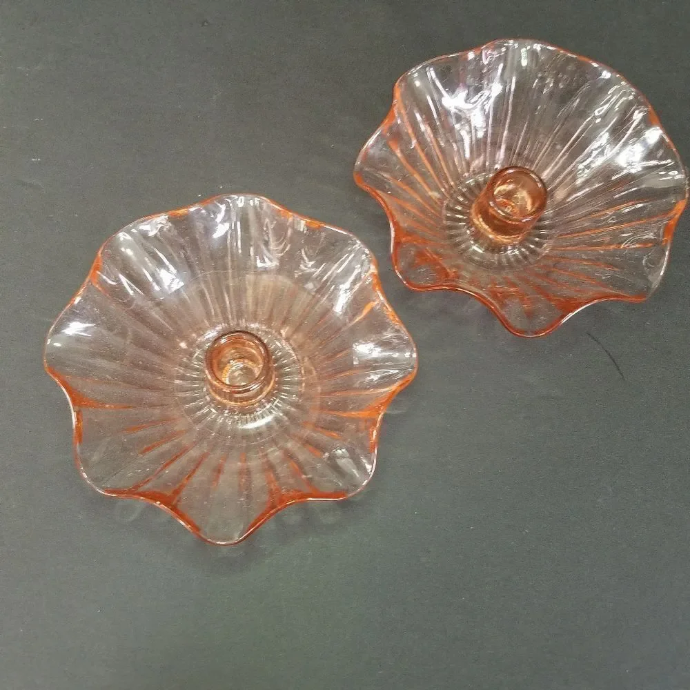 Vintage Anchor Hocking Large Pink Glass Ruffled Bowl & Matching Candle Holders